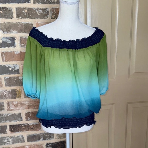 Smocked Trim Ombré Off Shoulder Top Gradient Green Blue Ruffled 3/4 Sleeve Sz M - Picture 1 of 9